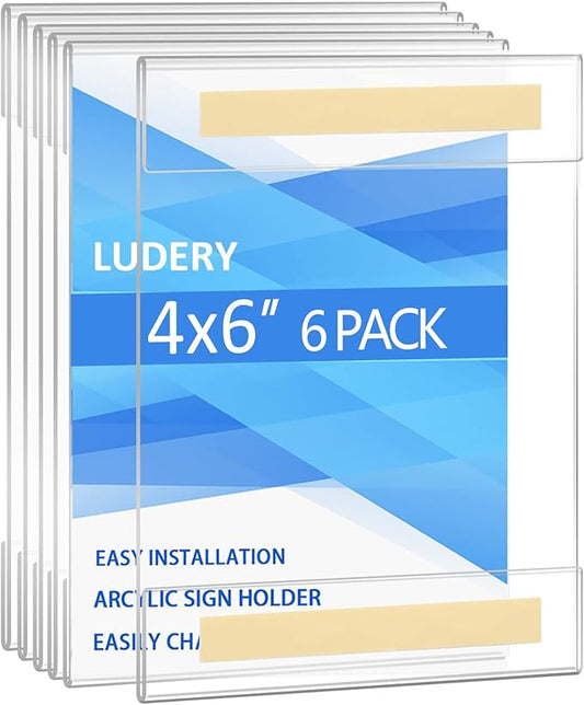 Acrylic Sign Holder 4x6, Sign Holder Wall mount Door Sign Memo Holder,Clear Wall Frame with Double Sided Tape Adhesive For Office, Home, Store, Restaurant, No Drilling - Vertical (6 Pack)