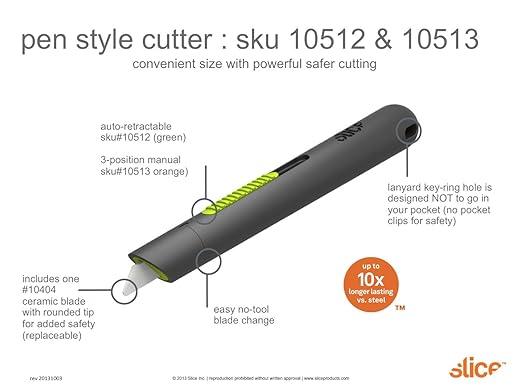Slice 10512 Pen Cutter, Auto-Retractable Ceramic Blade, Safety Knife, Stays Sharp up to 11x Longer Than Steel Blades