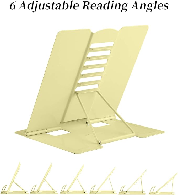 MSDADA Desk Book Stand Metal Reading Rest Book Holder Adjustable Cookbook Documents Holder Portable Sturdy Bookstands for Recipes Textbooks Tablet Music Books with Page Clips (Light Yellow)