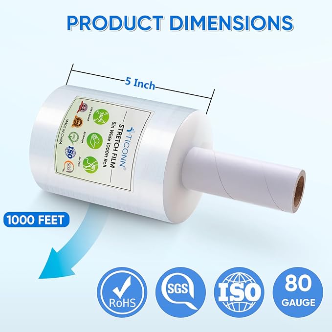 TICONN 7Pk Stretch Wrap Stretch Film Roll, 1000ft Industrial Strength 5 inch Wide Clear Plastic Wrap with Handles for Pallet Wrapping Shipping Moving