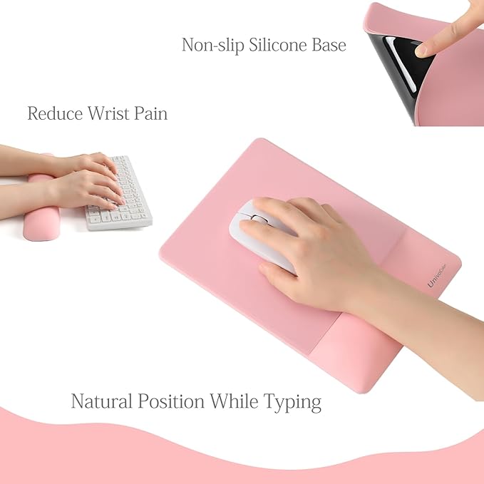 UnivoColors Design-Wave Set of Keyboad Wrist Rest & Mouce Pad,Artificial Sheepskin+Memory Foam+Ergonomic+Anti-Slip Gel, Resilience Support During Work and Gaming,Keyboard Accessory,Pink,N