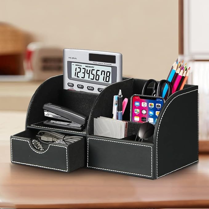 Desk Organizer, PU Leather Desktop Organizers and Accessories, Office Supplies Multi-Functional Caddy Storage with 6 Compartments and 1 Drawer, Workspace Organizer for Office Home School Classroom