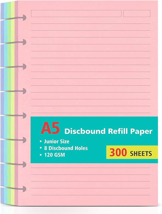 Junior Size 8 Discs 120gsm Discbound Refill Paper, Discbound 5 Colorful Line Papers, Disc Paper Refill, Loose-Leaf Papers, Disc Planner Inserts