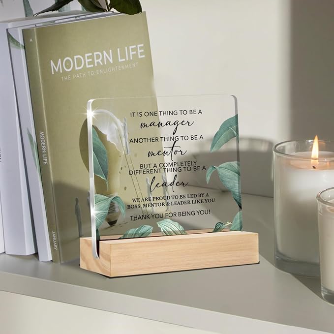 Gifts for Leader Mentor Boss Clear Desk Decorative Sign Colleague Gift for New Joy Going Away Leaving Acrylic Sign with Stand Table Plaque Sign Keepsake Home Office Decor