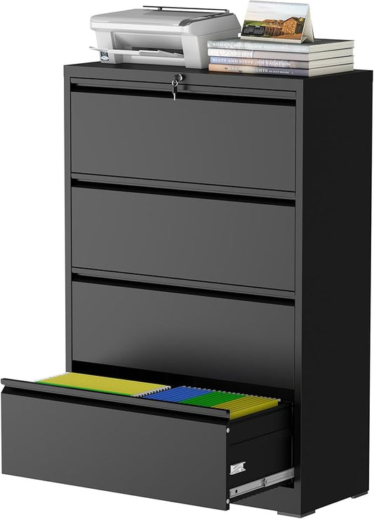 4 Drawer Lateral File Cabinet with Lock, Metal File Cabinets for Home Office, Steel Heavy-Duty Filing Storage Cabinet for Letters/Legal/A4 (Require Assembly, Black)