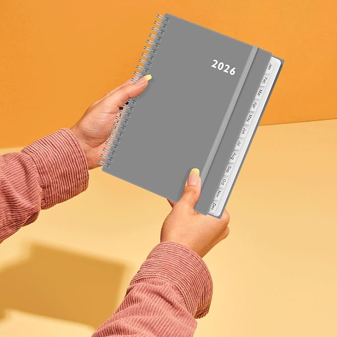 2026 Planner - Weekly and Monthly Calendar Planner from Jan 2026 - Dec 2026, Planner 2026 Spiral Bound with 12 Monthly Tabs, Inner Pocket, Perfect for School Office Supplies, 6.4" x 8.5", Grey-C