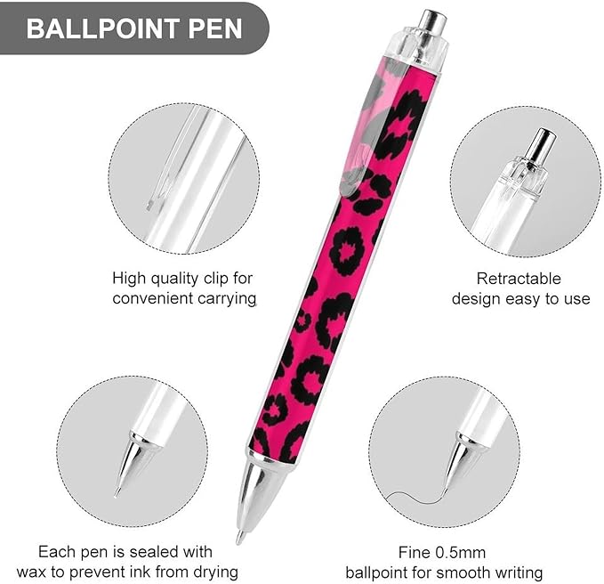 Womens Smooth Writing Pens, Cute Retractable Ballpoint Pens with Black Ink, Cheetah Pink Leopard Print Ball Point Pen Stationary for Teacher Writer, 0.5mm, 2 Pcs
