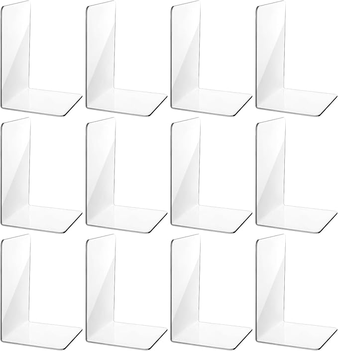 12Pcs Clear Bookends for Heavy Books,Acrylic Book Shelf Organizer for Desk,Plastic Heavy Duty Book Holders Standand Invisible Bookshelf Dividers Decorative,Suitable for Office Home Weighted Bookends