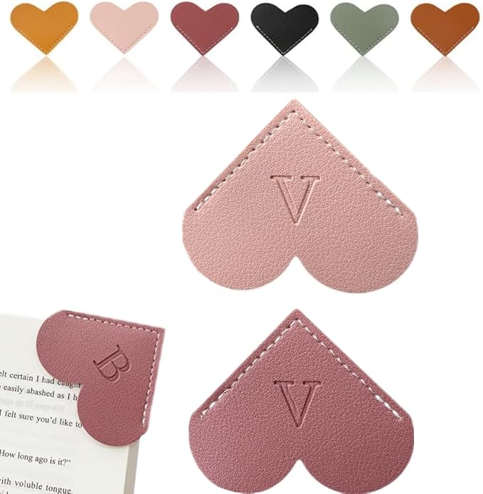 Personalized Leather Heart Bookmark, 26 Letters Customized Corner Book Mark for Reading Women, Book Marker with Initials，Cute Gifts (Light Pink+Deep Pink, V)