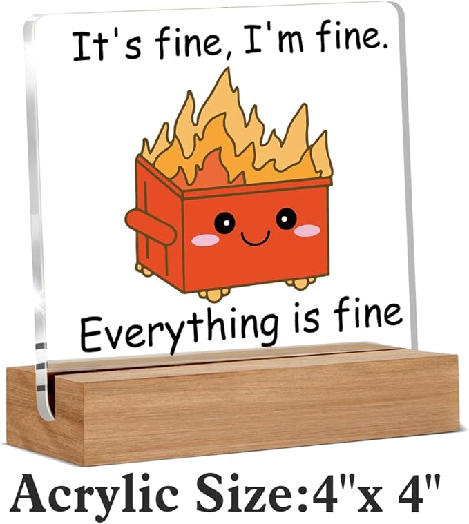 Dumpster Fire Desk Accessories Decor, Funny Office Gifts for Women Men Coworkers, I'm Fine Everything is Fine, Cute Orange Dumpster Desk Signs Plaque
