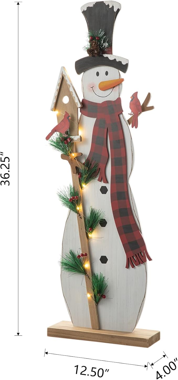 Glitzhome 36" H Lighted Wooden Christmas Snowman Porch Sign Standing Snowman with Birdhouse Porch Decor Rustic Merry Christmas Welcome Sign Holiday Party Outdoor Indoor Xmas Decorations