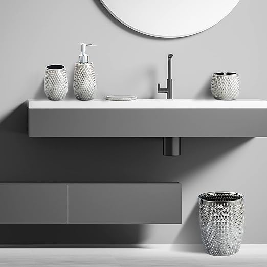 Modern Round Silver Small Trash Can Wastebasket, Garbage Container Bin for Bathrooms, Powder Rooms, Kitchens, Home Offices - Durable Ceramics - Round