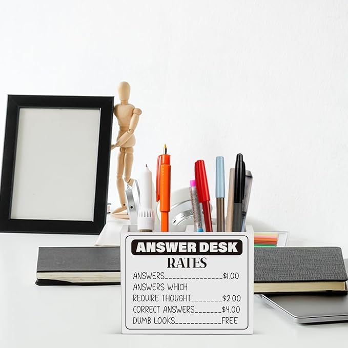 Answer Desk Rates Sign,Hold on Partner Im Overstimulated Sign,Funny Boss Gifts Office Room Decor for Women Men Teams Coworker Friend Wooden Pencil Holder, Boss Day Gifts Desk Decor