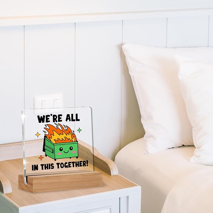 Dumpster Fire Desk Accessories, Funny Office Gifts for Coworkers Friends, Employee Appreciation Gifts, We're All in This Together Desk Dumpster Acrylic Signs Decorative 4 × 4 Inches