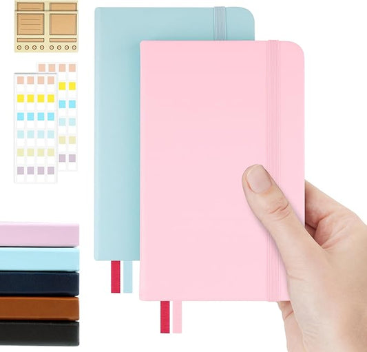 Pocket Dotted Notebook, 2-Pack Dot Grid Notebook, Dotted Journal with Stickers, 3.5" x 5.5" Hardcover, Small Mini A6 size, 160 Pages, 100 gsm Thick Paper, Blush Pink, Sky Blue