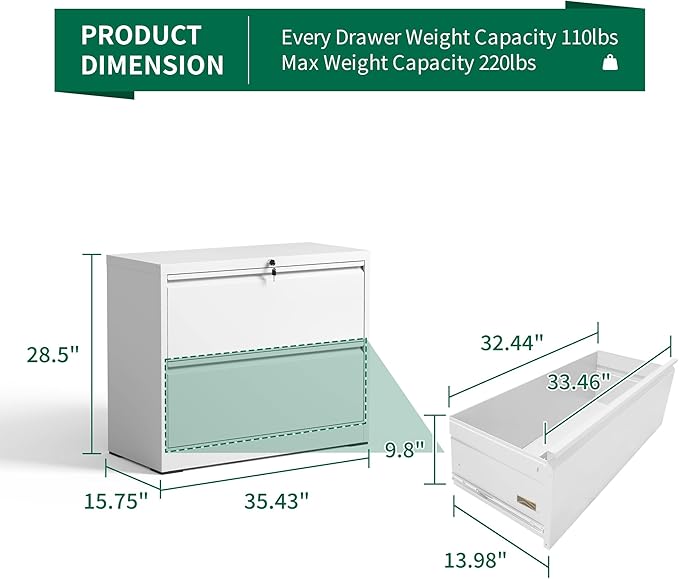 2 Drawer Lateral File Cabinet with Lock, Metal Filing Cabinets for Home Office, Steel Storage Wide File Cabinet for Letter/Legal/F4/A4 Size with Hanging Bars, Assembly Required (White)