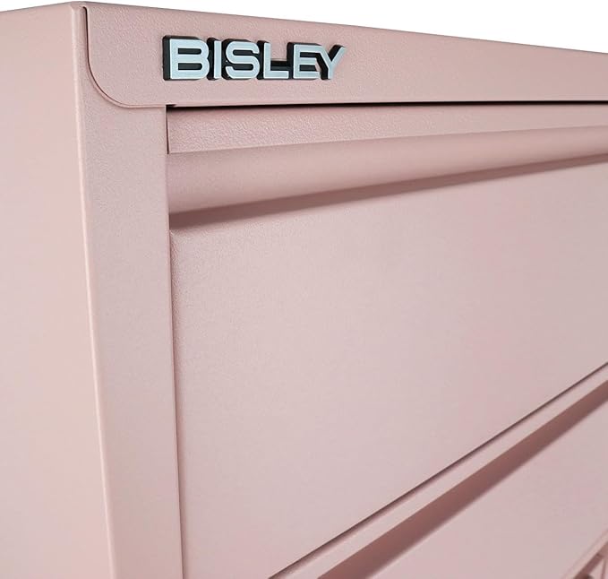 Bisley 3-Drawer Flush Front Vertical File Cabinet - Palest Pink, 2 Utility Drawers + 1 Hanging File Drawer, Powder-Coated Steel, Locking Bottom Drawer