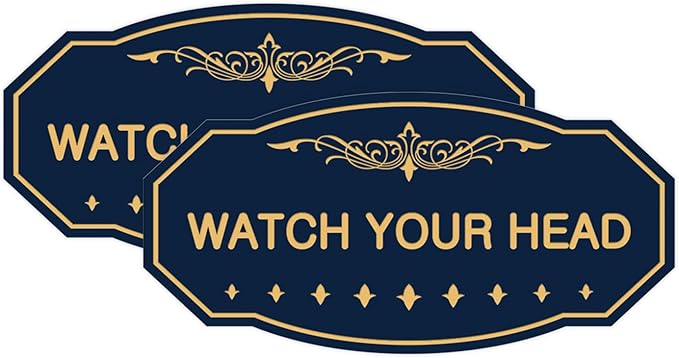 Signs ByLITA Victorian Watch Your Head Sign (Navy Blue/Gold) - Medium 2 Pack