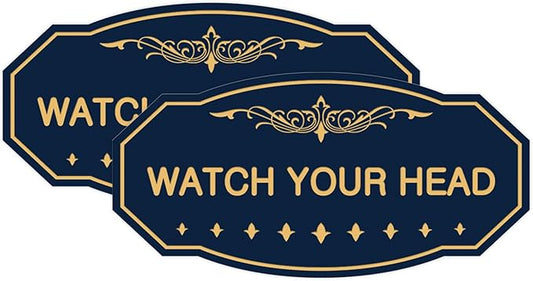 Signs ByLITA Victorian Watch Your Head Sign (Navy Blue/Gold) - Medium 2 Pack