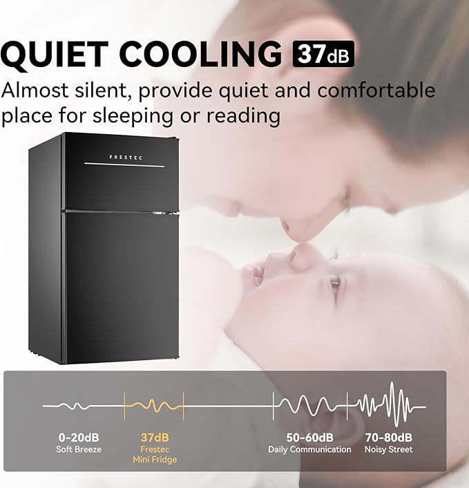 Frestec Mini Fridge with Freezer 3.2 Cu.Ft. 2 Door Refrigerator and Freezer Small Fridge for Bedroom Home Office Dorm, Small Drink Chiller, 37 dB Low Noise, Black