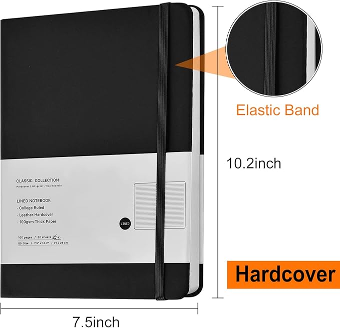 Coopay 6 Pack B5 Notebooks Journal College Ruled Composition Notebooks Classic Hardcover Lined Journals for Office Home School Business Writing Note Taking, 10.2" x 7.5", 100GSM Thick Paper (Black)