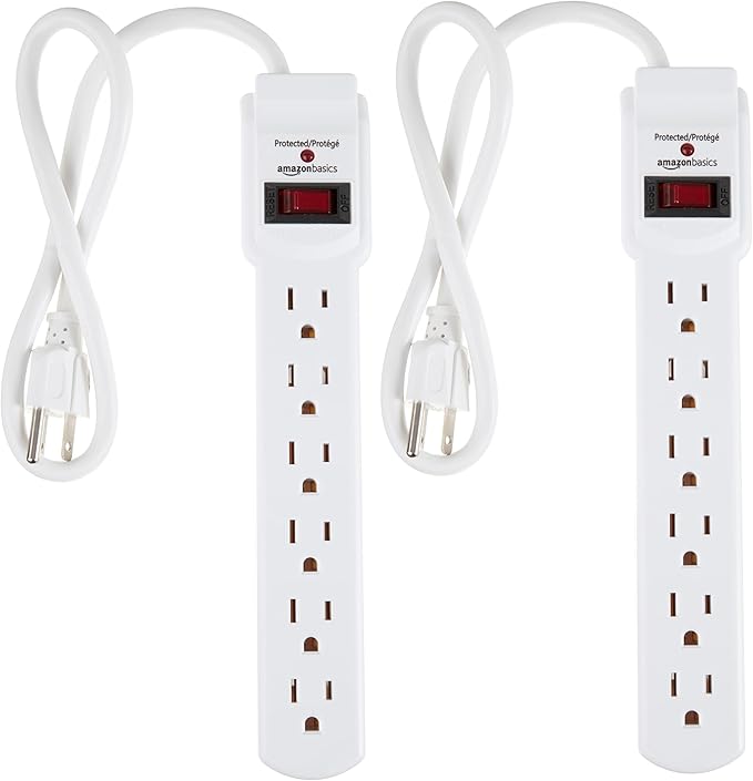 Amazon Basics Surge Protector Power Strip, 6-Outlet with 200J Protection, 2ft Extension Cord, Rectangle, White (2 Pack)