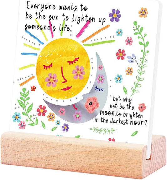 Inspirational Gifts for Teen Girls Women Birthday Christmas-Encouragement Gift Cheer Up Gifts for Friends-Motivational Sign Ceramic Plaque Desk Decor-Sun and Moon Sign