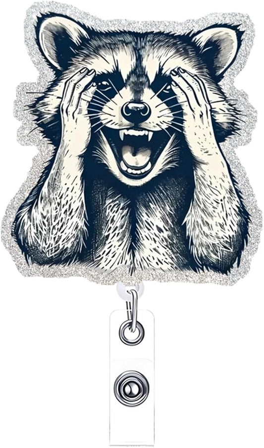 Cute Raccoon Retractable Reel Badge ID Card Clip Acrylic Badge Holder with 360°Rotation Rotundity Metal Alligator Clip Designs Nursing Name Tag for Nurse Doctor Office Worker Accessories