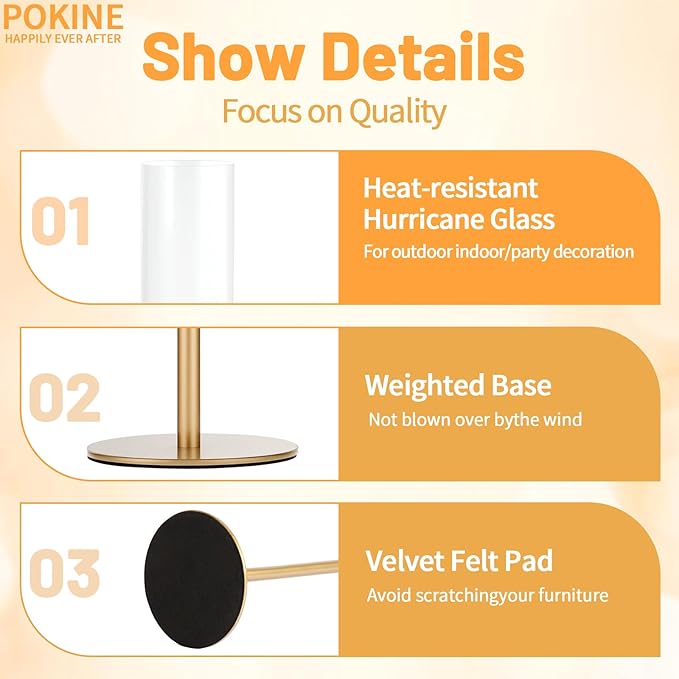 Set of 6 Gold Candle Holders, Tall Hurricane Candlestick Holders with Glass for Taper and Pillar Candles, Home Decor for Wedding, Christmas, Party, Anniversary, Dining Table