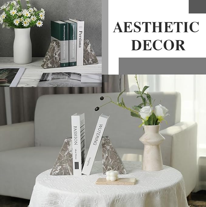 Koville Marble Bookends for Shelves, Large Bookends for Heavy Books, Natural Stone Book Stopper for Books CD Movies, Aesthetic Decorative Book Ends, Bookshelf Table Home Decor(Grey)