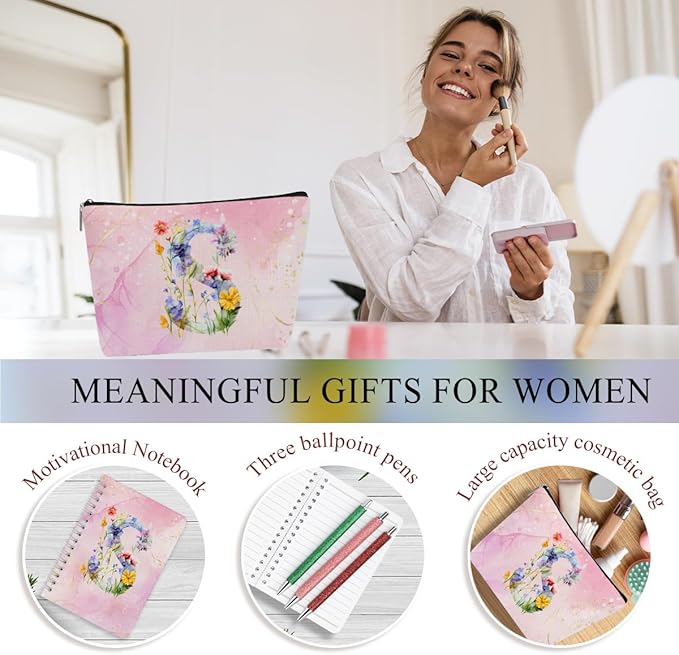 Personalized Gifts for Women Monogrammed Birthday Gifts for Women, Wife Girlfriend Christmas, Initial 20 oz Tumbler, Makeup Cosmetic Bag Cup Pens Journal Notebook 6 Set, (Aesthetic Pink Flower S)