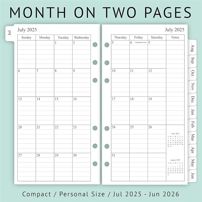 newestor 2025-2026 Weekly & Monthly Planner Refill, 3-3/4" x 6-3/4", Jul 2025 - Jun 2026, Personal/Compact/Size 3