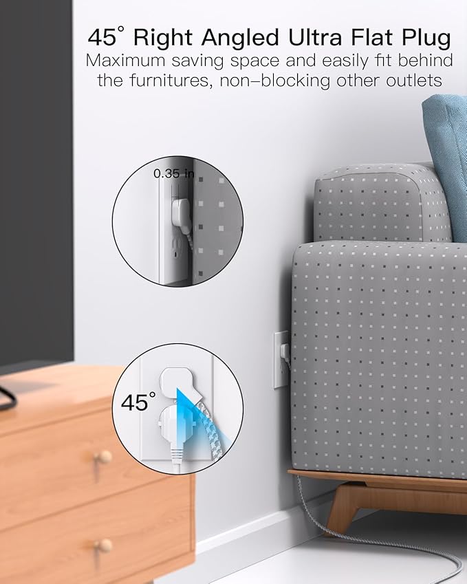 Flat Plug Extension Cord 25FT, Surge Protector Power Strip with 2 USB A Ports 2 USB-C 6 AC Outlets, USB Charging Station, Wall Mountable for Home, Office, Dorm Essentials, 1080J, ETL Listed