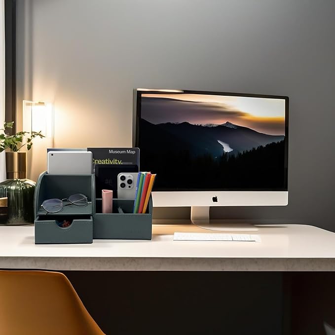 UnionBasic Desk Organizer - Multifunctional Leather Desktop Pen Holder Storage Box - Business Card/Pen/Pencil/Mobile Phone/Stationery Holder, Dark Ivy
