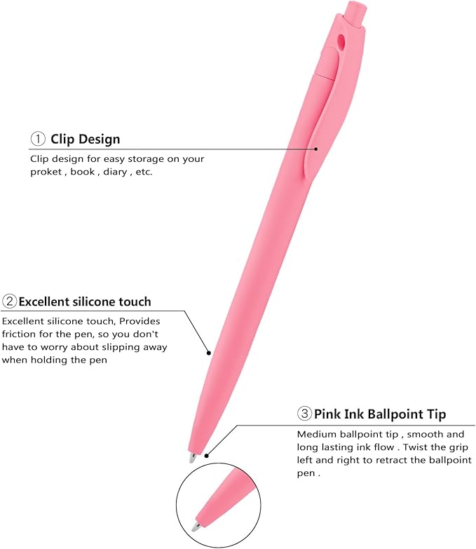 Aozora Pens Bulk 30 Pack Click Pens No Bleed Wholesale Retractable Ballpoint Pens Medium Point,Smooth Ink Pens for Journaling School Office Supplies 1.0MM (Pink Ink)