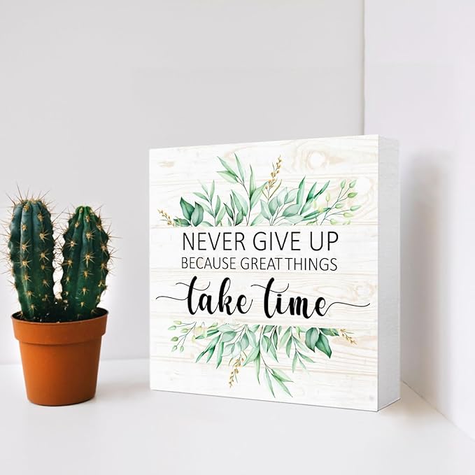 Never Give Up Sign Wood Box,Inspirational Quote Wooden Block Sign for Home Office Tabletop Shelf Decor 5" x 5",Motivational Desk Decor Accessories for Women
