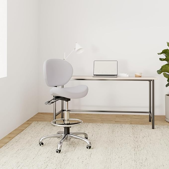 Kaleurrier Adjustable Height Drafting Stool Drafting Chair with Backrest & Foot Rest,Swivel Rolling Stools for Work Studio Dental Office Salon Kitchen Counter Tall Home Desk Chairs (White)