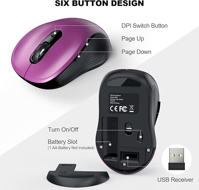 WisFox 2.4G Wireless Mouse for Laptop, Ergonomic Computer Mouse with USB Receiver and Type-C Adapter, 3 Adjustable Levels, 6 Button Cordless Wireless Mice for Windows Mac PC Notebook (Purple)
