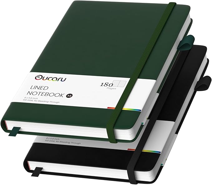 Oucaru Lined Journal Notebook, 2 Pack, 180 Pages, A5 Journals for Writing, 100 GSM Thick Paper, Small Notebooks Daily Journal for Women Men Work, Business, School, Travel Supplies