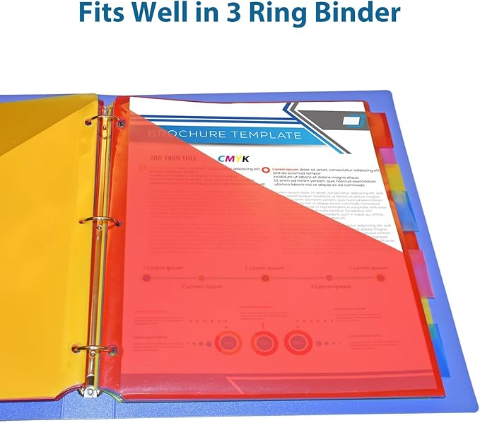 Plastic 8-Tab Dividers with Two Pockets - 1 Set, Pocket Dividers for 3-Ring Binders, Multi-Color Binder Dividers, Total 8 Tabs