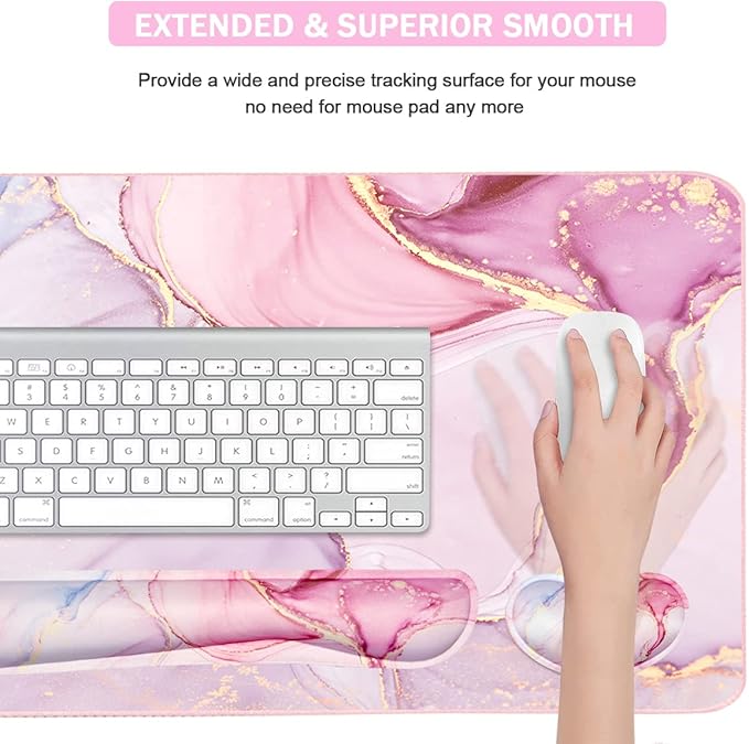 Large Mouse Pad and Keyboard Wrist Rest, Desk Pad for Keyboard and Mouse, 4-in-1 Large Gaming Mouse Pad with Wrist Support, Non-Slip Desk Mat for Home Office Study Game-Pink Marble