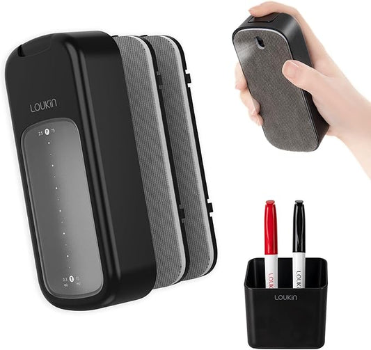 loukin Inventive All-in-One Dry Erase Eraser, Novel Replaceable Whiteboard Eraser with Built-in Cleaner, Unique Glass Board Erasers, Includes 2 Refill Pads, 1 Magnetic Holder, 2 Markers