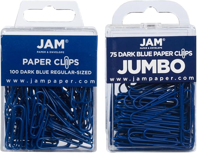 JAM PAPER Combo Pack Colorful Paper Clips - Standard & Jumbo - Dark Blue Paperclips - 1 Pack of 100 & 1 Pack of 75