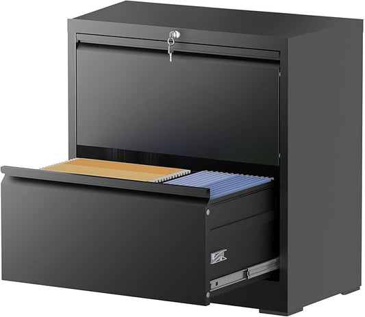 2 Drawer Lateral File Cabinet with Lock, File Cabinet, Metal Lateral Filing Cabinets for Home Office, File Storage Cabinet for Legal/Letter/A4 Documents, Assembly Required (Black, 26'W)