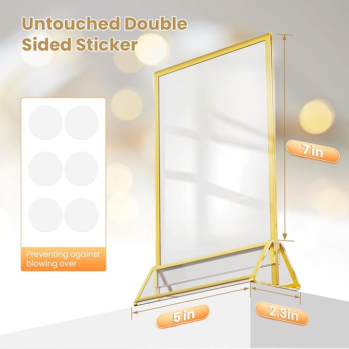Acrylic Sign Holder 5X7 Gold Picture Frame Double-Sided Acrylic Frames for Wedding Table Numbers Photo Frames Flyers Menu with Removable Sticky Dots-6 Pack