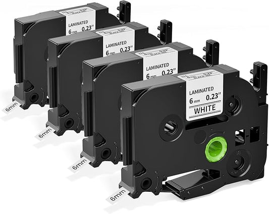 TZe-211 Compatible with Brother P Touch Label Tape 6mm 0.23 Inch Laminated Black on White 1/4 Inch TZe211 TZ-211 for Brother Label Maker PT-D220 PT-D210 PT-H110 PT-D400, 4 Pack