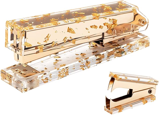 Acrylic Stapler Gold Leaf with 25 Sheets Capacity and Hold 100 Staples, Gold Stapler and Staple Remover Set Palm Size and high Comfort, Stylish Desk Accessories for Classroom, Office Supplies, Home