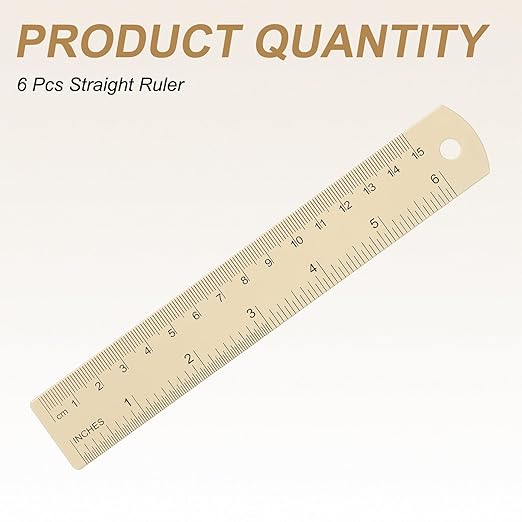 HARFINGTON 6pcs Metal Straight Ruler 15cm Metric SAE Aluminum Alloy Measuring Rulers Scale Tool with Hole for Measure Study Reading Classroom Office, Beige