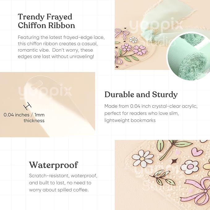 6x2” Acrylic Bookmark Blanks- 20 Set Bookmark Making Kit with 20 UV DTF Stickers About Flower Theme 20 Ribbon 80 Bookish Stickers for DIY Your Crafts Gift for Book Lover