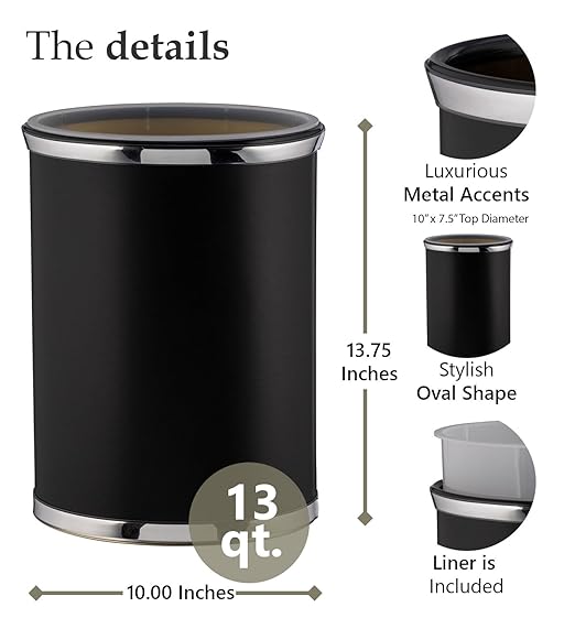 Kraftware Sophisticates Oval Wastebasket with Plastic Liner, Adding Classic Style to The Bathroom and All Other Rooms in The Home or Office, 13 Quart Capacity, Black with Polished Chrome Trim